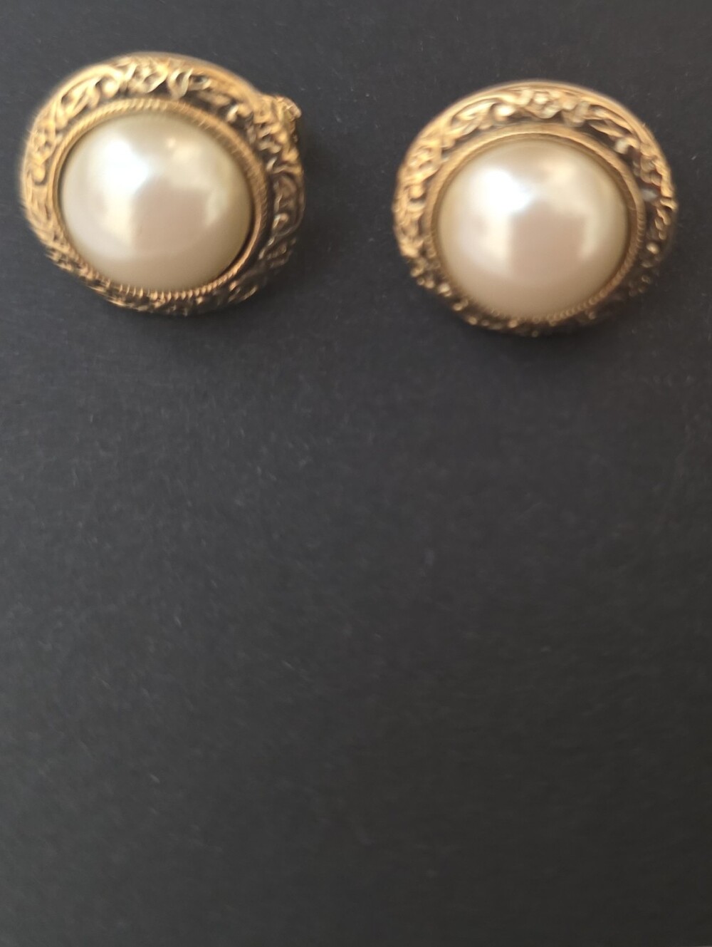 Vintage Gold-Tone Faux Pearl Button Clip On Earrings